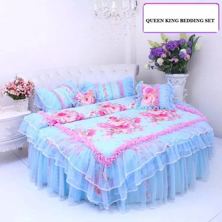 Perfect LACE ROUND Corner Bed Europe Orange color Flower Bedding sets Cotton Round Double Bed sheet Duvet cover Pillow case Bedskirt 21