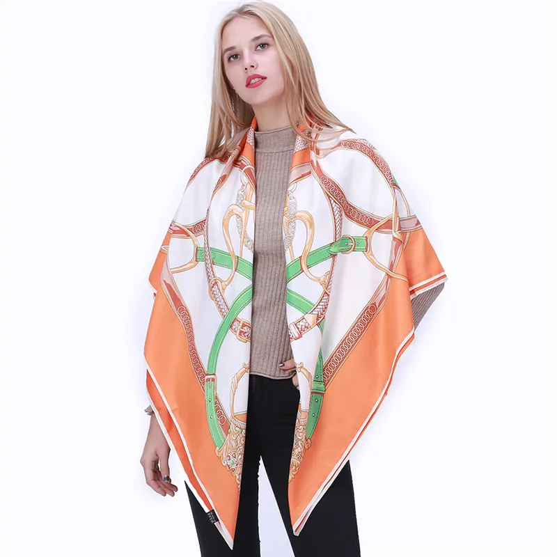 

POBING 100% Silk Scarf New Designer Kerchief Belt Print Women Square Scarves&Wraps Spain Chain Pattern Lady Foulard Accessory