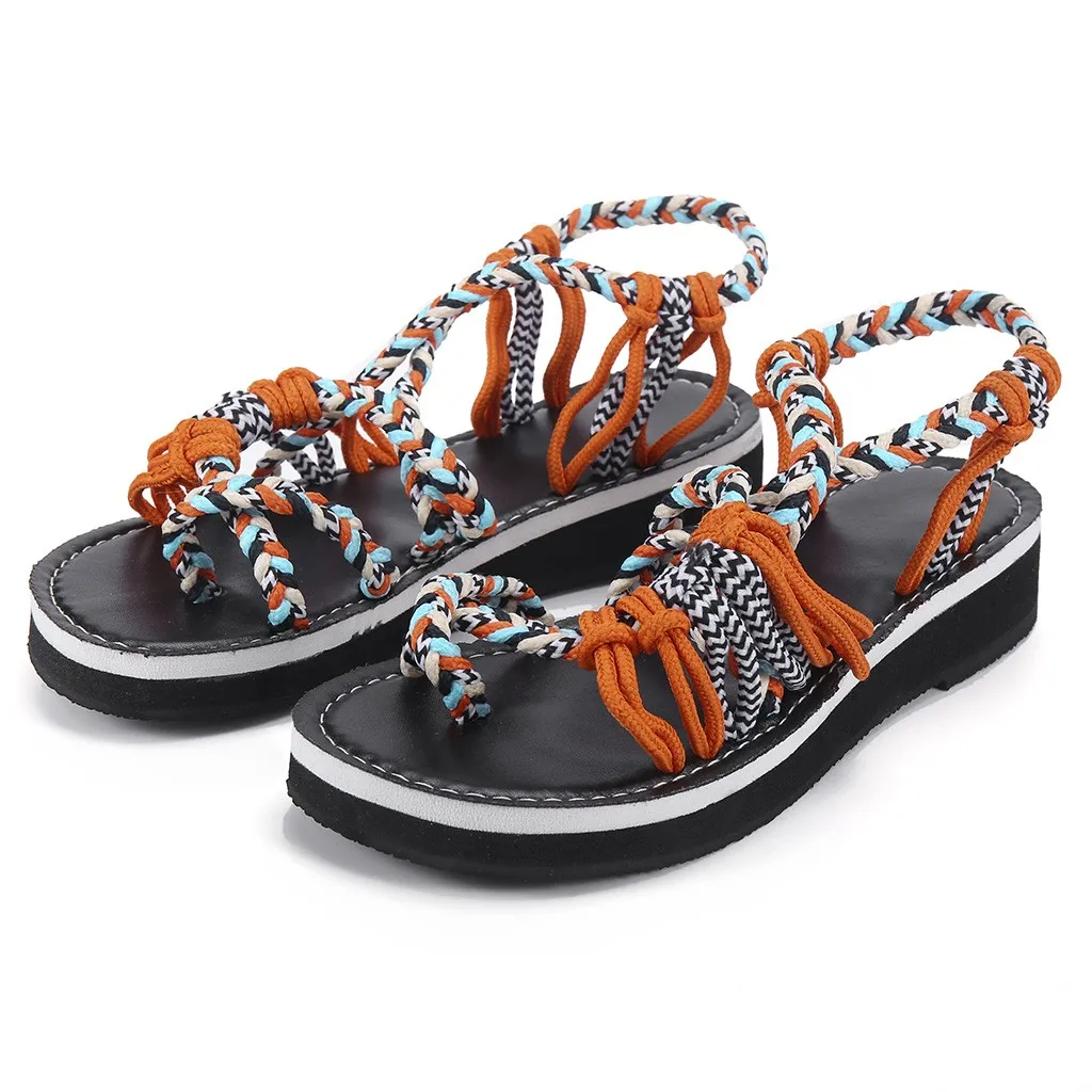 

SAGACE Women Summer Fashion Rome Bandage Sandals 2019 Plus Size Color Matching Rope Knot Sandals Beach Toe Flat Sandals Fe27