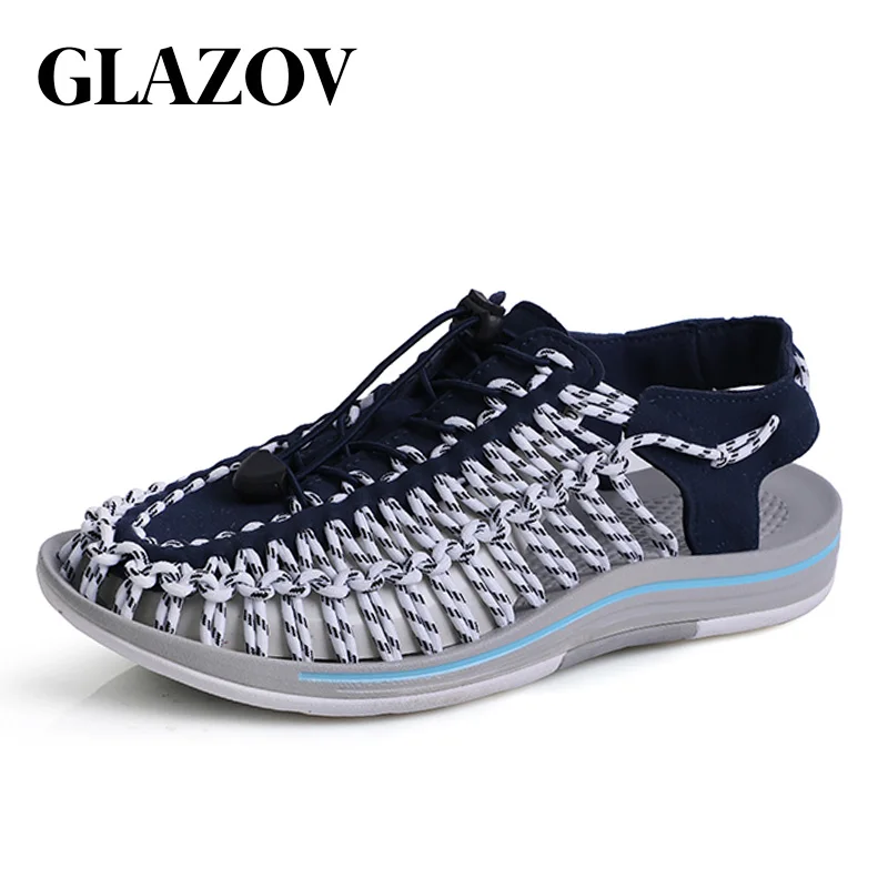 

GLAZOV Men's Sandals Suede Leather Summer Beach Shoes Fashion Mens Beach Sandals High Quality Knit Weaven Water Shoes