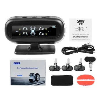 

Solar TPMS Car Tire Pressure Alarm Monitor System Display Intelligent Temperature Warning with 4 sensors BAR LCD Display