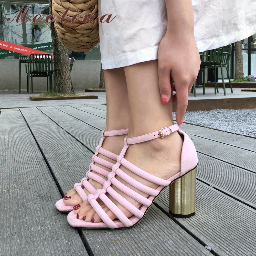 

Meotina Summer Sandals Women Shoes Kid Suede Round Heels T-Strap Shoes Buckle Extreme High Heel Sandals Lady Pink Big Size 33-40