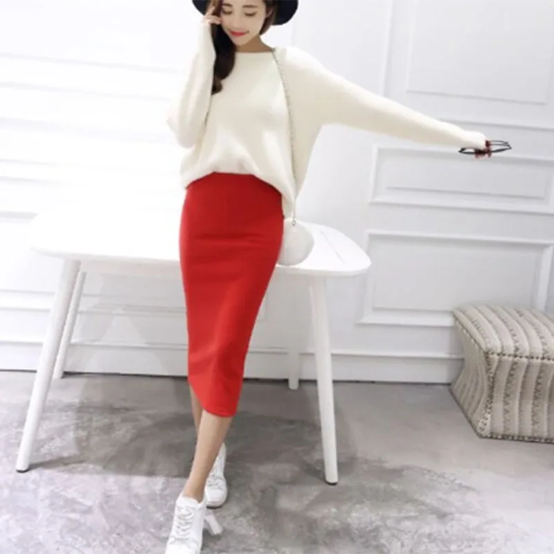 

2018 Summer skirts Sexy Chic Pencil Skirts Women Skirt Wool Rib Knit Long Skirt Package Hip Split Waist midi skirt Hot Sale