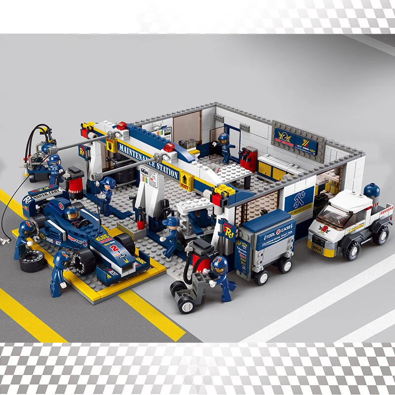 

0356 741Pcs F1 Racing Car Repair Station Model Building Block Compatible Legoe Figure Toys Gift For Children lepin