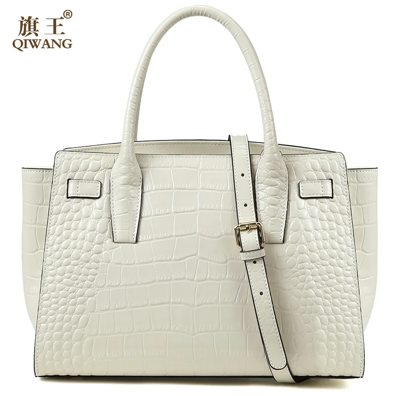 

Qiwang Brand Luxury Elegant Top Handle Bags Women Beige Tote Handbags Trapeze 100% Genuine Leather White Summer Bag with Belt