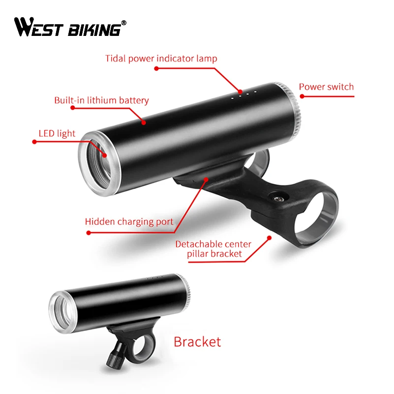 Best WEST BIKING Bicycle Light Carbon Fiber USB Charging Torch Flashlight IPX6 Waterproof Cycling Headlight MTB Bike Front Light 2