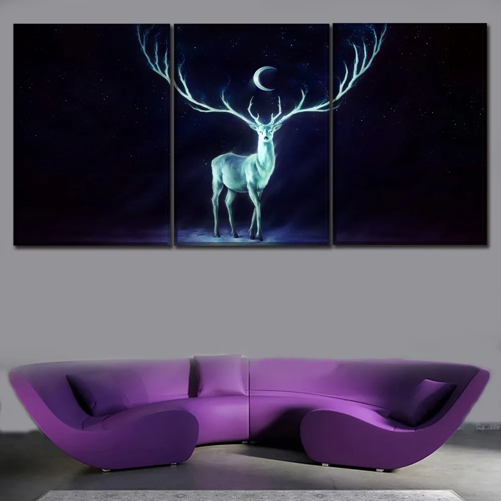 Modular Canvas Painting Home Decorative Framework 3 Panel Night Moon Animal Deer HornsPoster Popular HD Printed Modern Artwork | Дом и сад