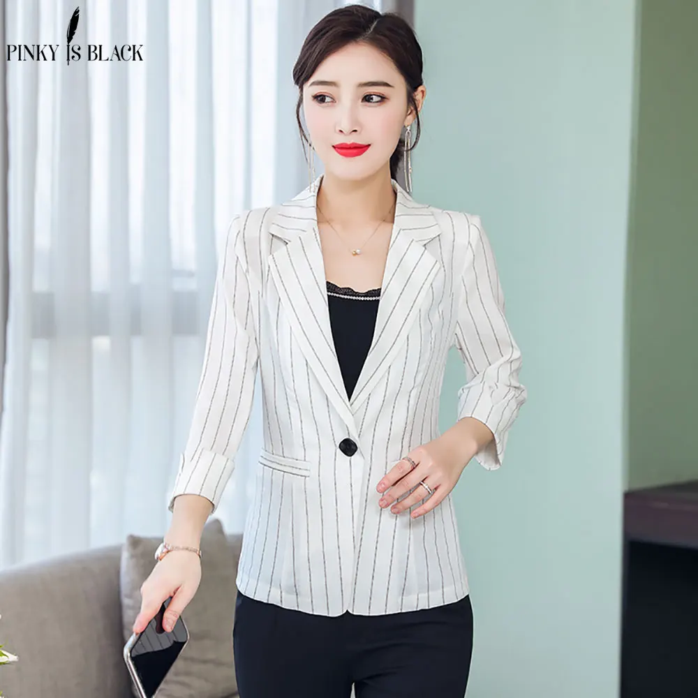 PinkyIsBlack Casual Blazers Spring Striped Slim Fit Women Formal Jackets Office Work Single Button Notched Ladies Blazer Coat