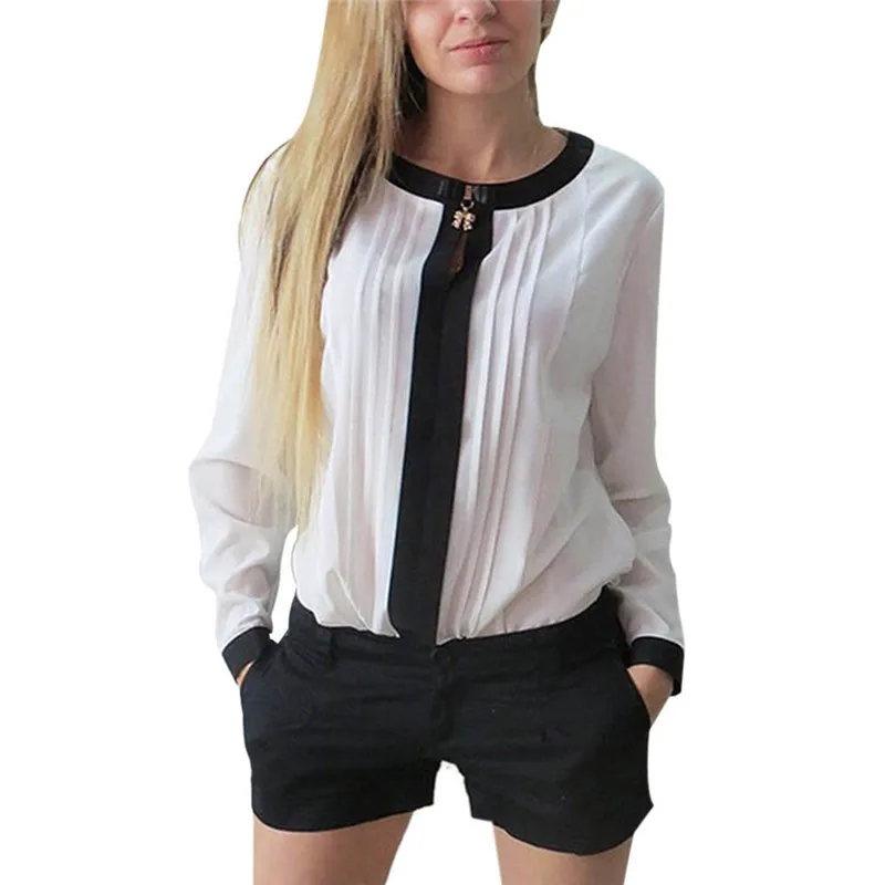 Women Chiffon blouses Long Sleeve Shirt Pleated Patchwork Office Blouses Tops camisa feminina