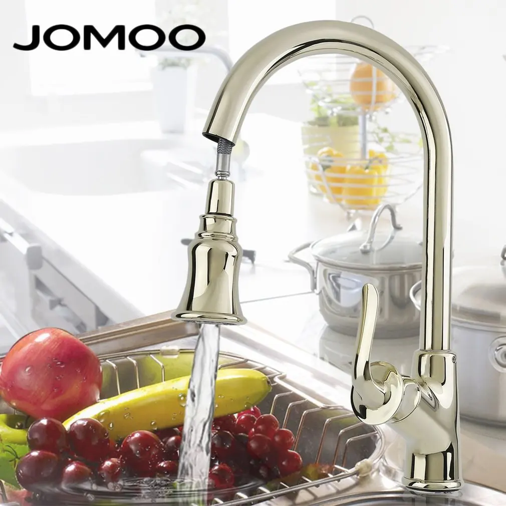 

Ceramic Spool Kitchen Faucet PVD Flanged Gold Water Tap Single Handle Extensible Mixer Tap 180 Degree Swivel Faucet
