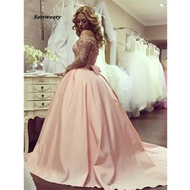 Blush-Pink-Ball-Gown-Prom-Gowns-Off-The-Shoulder-Long-Sleeves-Appliques-Satin-Plus-Size-Evening (1)