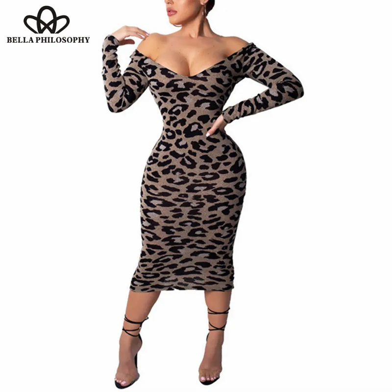 Wonder Leopard Print Women Bodycon Dress Sexy V Neck Off Shoulder Long Sleeve Sheath Midi Club Party Dresses Female Outfits 2019
