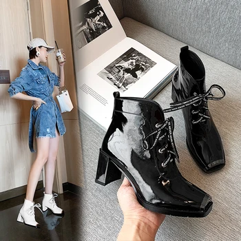 

INS Women Ankle Boots Genuine Leather 34-42 Cow Patent Leather Pleated Booties Metal Square Toe Ankle Boots for Women