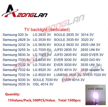 

LG1500pcs/lot 1W-2W SMD LED Kit 3V/6V 2835/3030/2828/3535/5630/7020/7030/4020/7032SEOUL Cold white For TV Backlight Beads 15*100