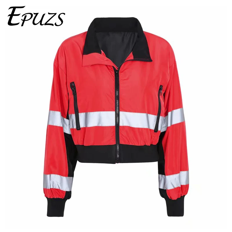 price reduction  Fashion reflective Jacket women long sleeve bomber jacket Streetwear hip hop coat Spring veste femm