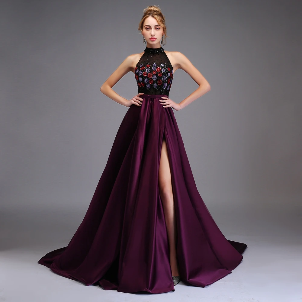 Женское вечернее платье со шлейфом SSYFashion роскошное из фиолетового атласа с