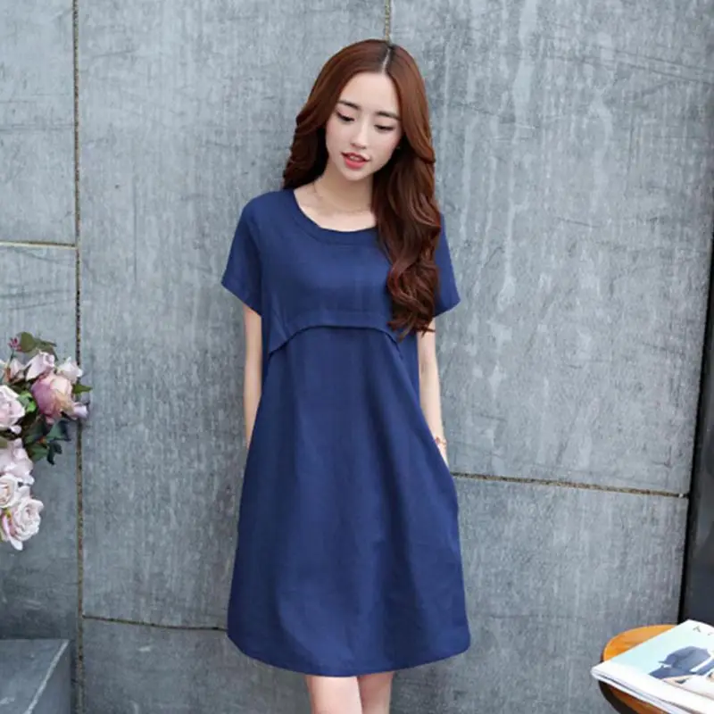 

Brand Women Knee-Length Dress Big Yards Loose Summer Cotton and Linen Dress Short Sleeves Solid Color Patchwork Dresses