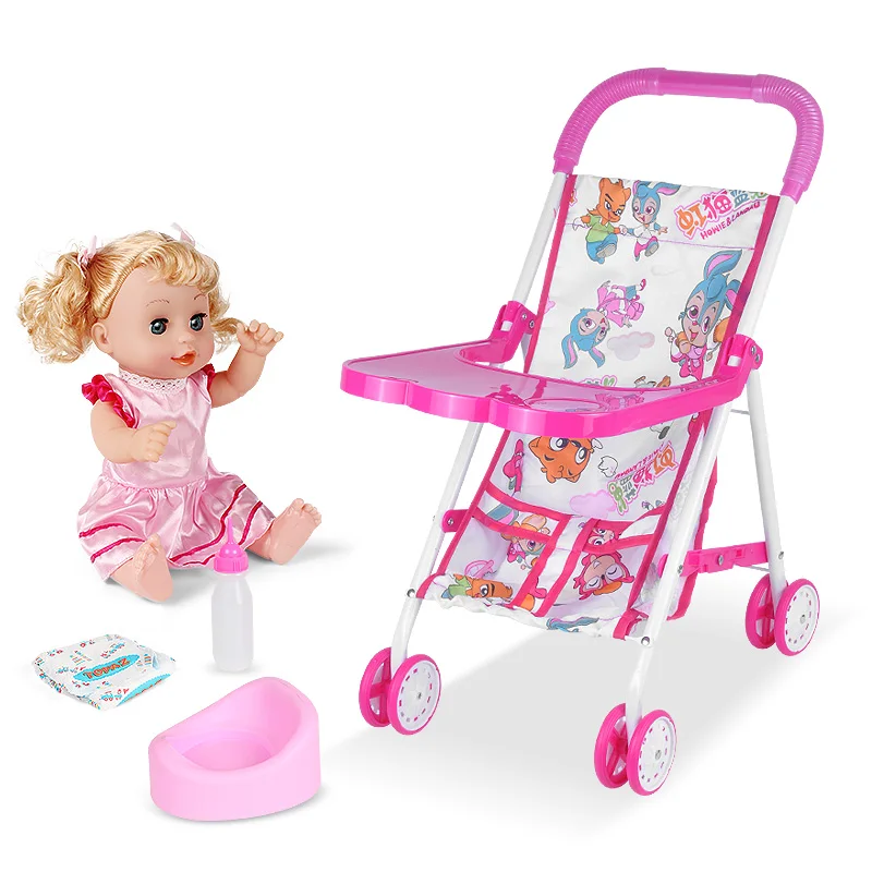 Child Pretend Play Furniture Toys Set Rainbow Simulation Baby Stroller Folding Dinner Chair Crib Cot Playhouse Accessory Toy Set