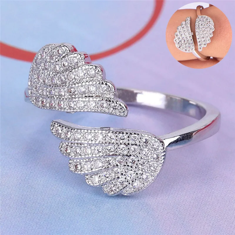 

Angel Wings Ring Micro Pave Zircon Silver Plated Rings For Women Fashion Jewelry Wholesale Female Gifts New Adjustable