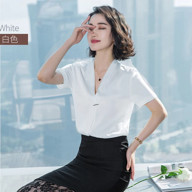 Office Work Wear OL Women Chiffon Blouses Shirts Lady Casual Short Sleeve V-Neck Blusas Tops DD1843 3