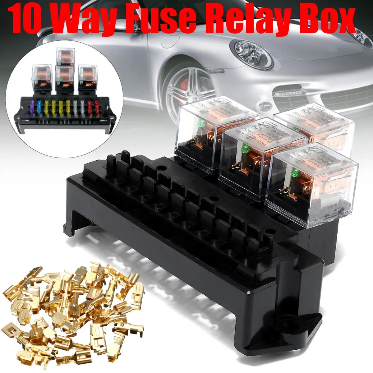 

Automotive Black 10 Way Fuse Safety Box 4 Relay Box Holder Block Circuit Protector Terminals Car Fuse Relay Replacement Part New