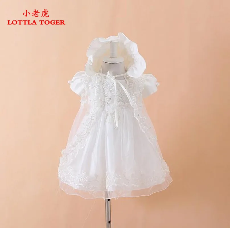 

Baby Girls Christening Gown Dresses+Hat+Shawl Vestidos Infantis Princess Wedding Party Lace Dress for Newborn Baptism 3PCS