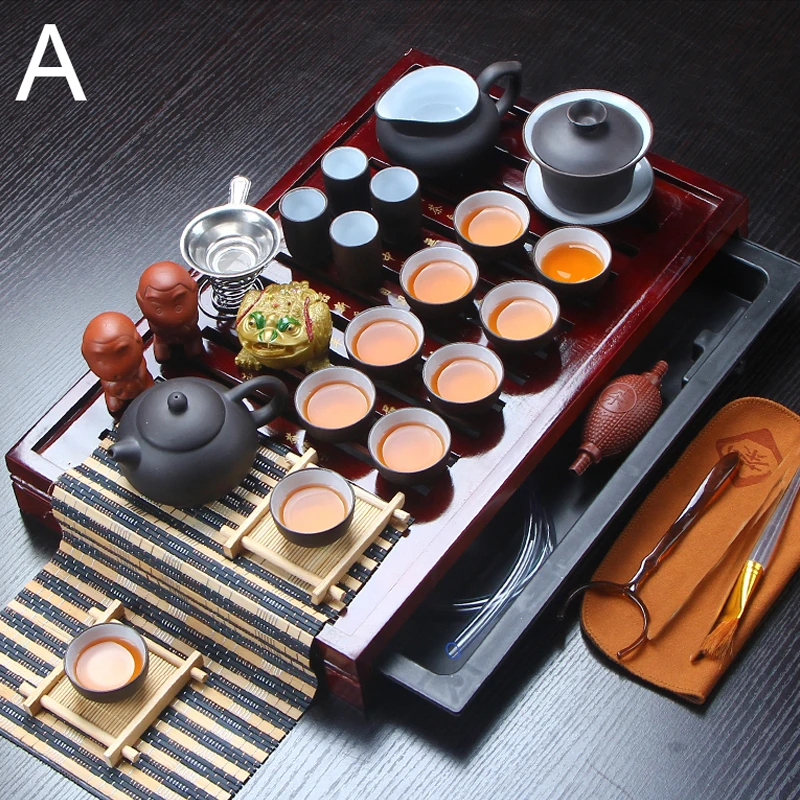 32 шт керамический Фиолетовый Глиняный чайный набор кунг-фу заварочный горшок из цельного дерева чайный поднос чайник чашки Посуда для напитков китайский Gaiwan высококачественный
