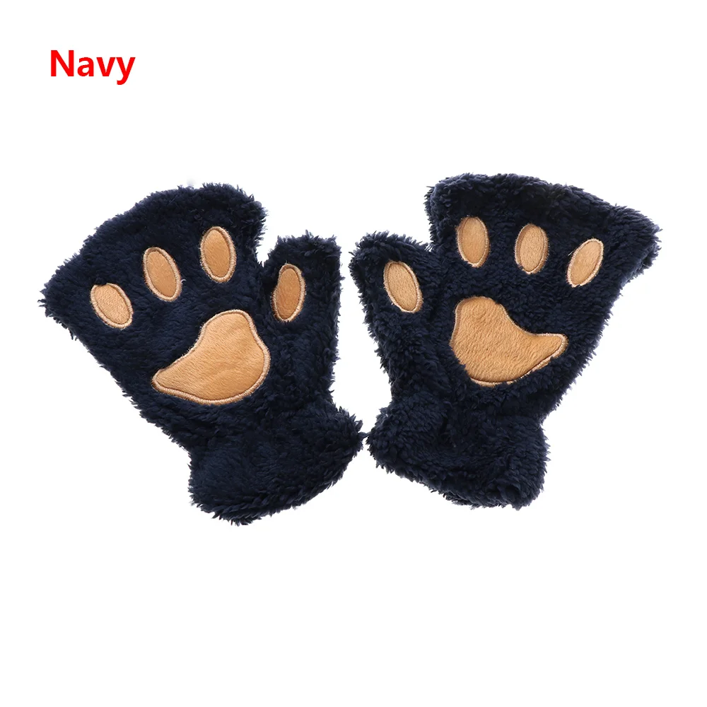 Новинка, 1 пара зимних теплых перчаток, женские перчатки без пальцев, пушистый медведь, кошка, плюшевая лапа, половина пальцев, косплей - Цвет: navy