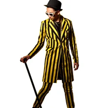 Этап показ желтый черный в полоску Для мужчин длинные Модный повседневный костюм пальто для ночного клуба певица DJ мужской Slim Fit пиджаки куртка