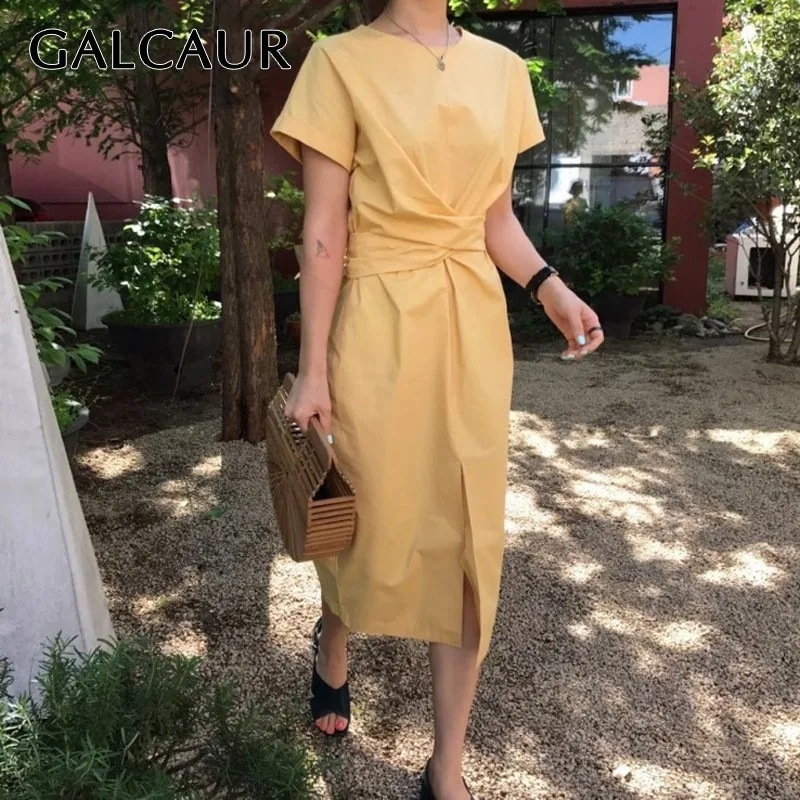 

GALCAUR Casual Solid Dress For Women O Neck Short Sleeve High Waist Cross Split Knee Length Dresses Female Fashion Summer 2019