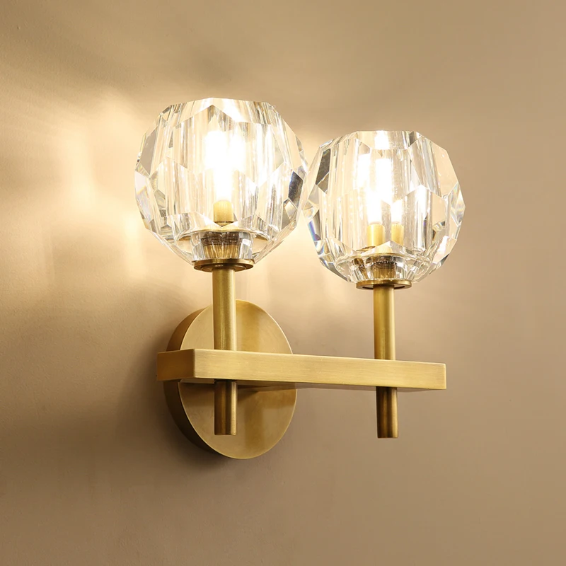 

Industrial direct hot sales interior decoration 2 lights bedside light golden color crystal wall lamp bedroom