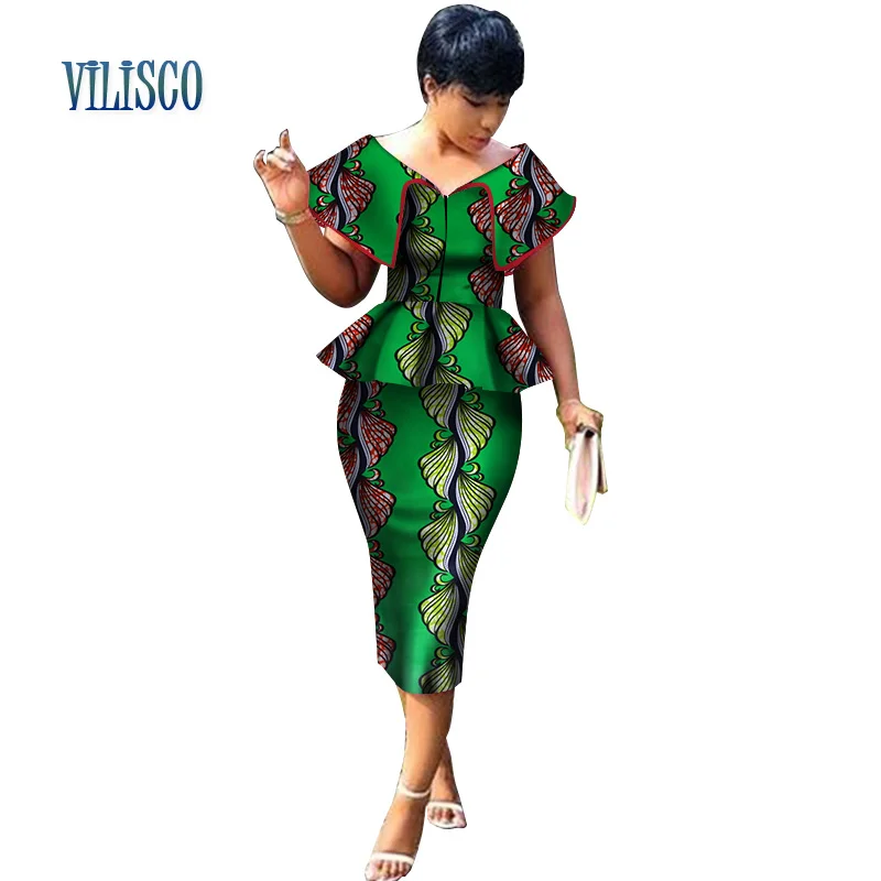 

New Arrival Top and Straight Skirt Sets African Wax Print 2 Pieces Skirt Set for Women Bazin Riche African Style Clothing WY3200