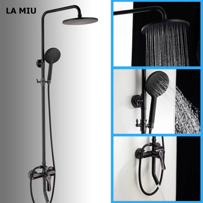 

LA MIU Matte Black Wall Mounted Press to Switch Water Mode Bathroom Rainfall Shower Faucet Set Mixer Tap Hand shower MLS 2143