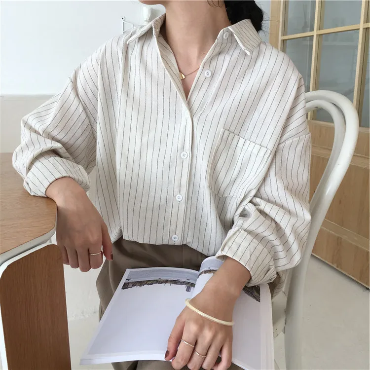 Весенне-осенние женские рубашки, женские рубашки в полоску, офисные женские стильные рубашки, одноцветные модные блузы с длинным рукавом 6703 50