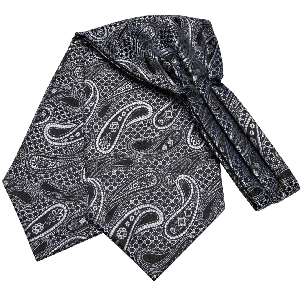 Men Ascot Tie Black Cravat Floral Silk Scarf Ties Plaid Pocket Square Cufflink Set Designer for Party Wedding Tie Hi-Tie AS-1009