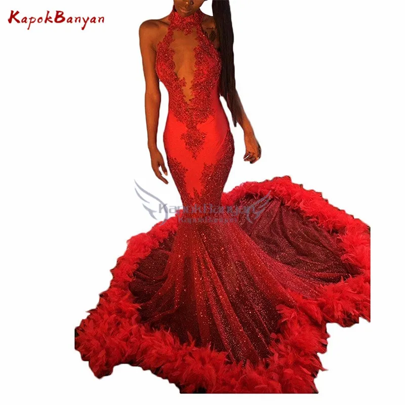 Красная Аппликация Холтер сексуальное длинное Русалка платье для выпускного бала без рукавов с открытой спиной перо поезд роскошное платье для выпускного вечера - Цвет: Red