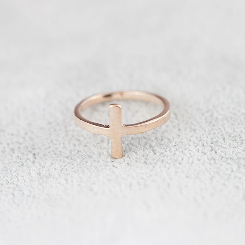Jesus Sideways Cross Ring Rose Gold Color Engagement Promise Forever Couple Rings For Women Men Anillos Mujer Religious Jewelry