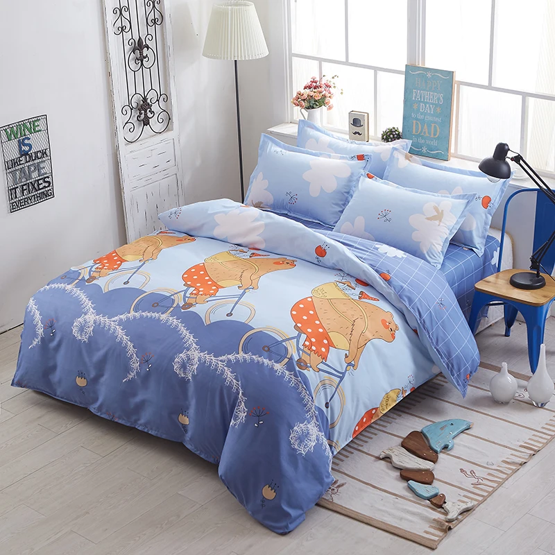 

Bear Pattern 4pcs Modern Bedding Set Super King Size Bed Linens Reactive Printing Duvet Cover Set Pastoral Style Home Flat Sheet