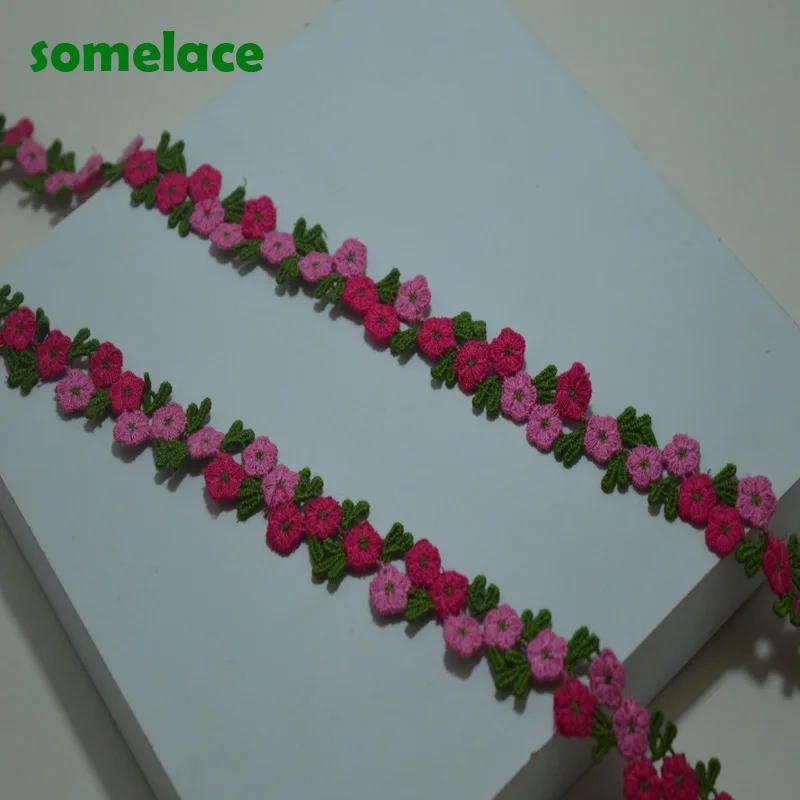 

2Yds/lot 2cm Wide Pink Green Rose Mixed Floral Venise Lace Venice Hight quality lace fabrics embroidered lace
