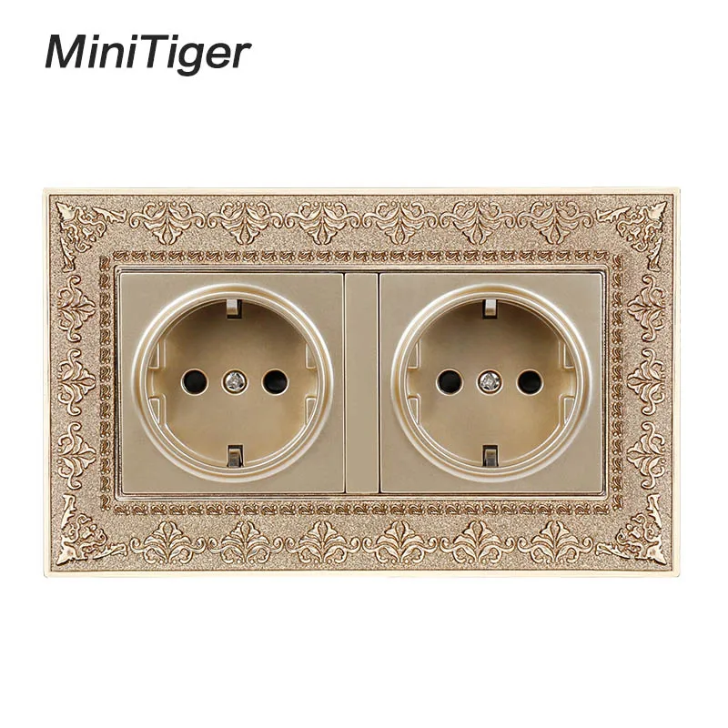 Minitiger 16А двойное гнездо питания стандарта ЕС 4D тиснение Ретро цинковый сплав панель 16A электрическая розетка 146*86 Тип - Type: 146 Gold Socket