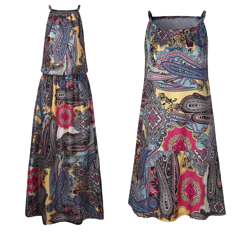 Vintage Floral Printed Boho Beach Dress Woman Casual Loose Halter Sexy Holiday Long Sundress Sleeveless Summer Dresses Vestido