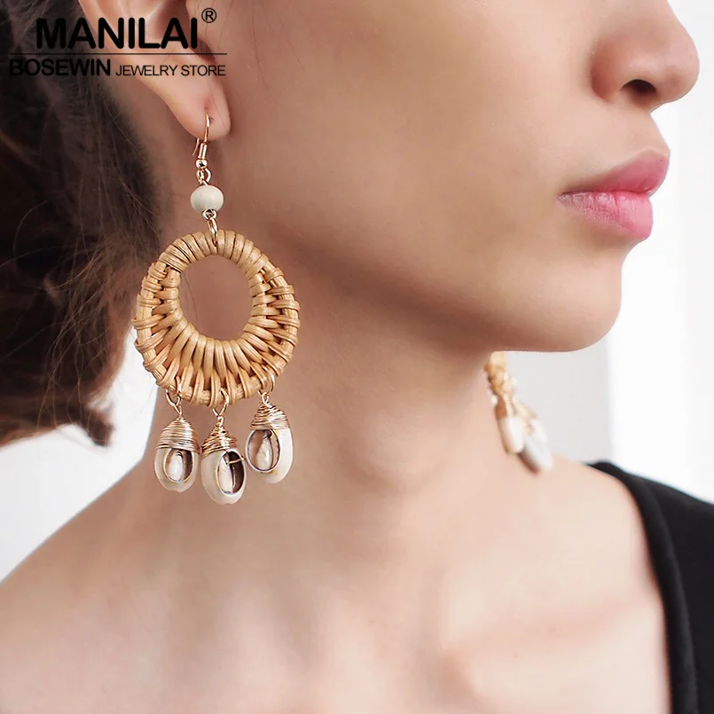 MANILAI Bohemia Straw Rattan Knit Shell Dangle Earrings For Women Big Circular Pendant Statement Earrings Fashion Jewelry 2019