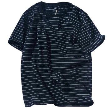 

Horizontal White Stripes Men T Shirt Vintage Cotton Streetwear Tee Loose Trendy Hip Hop Round Neck Loose Soft Men Casual T Shirt