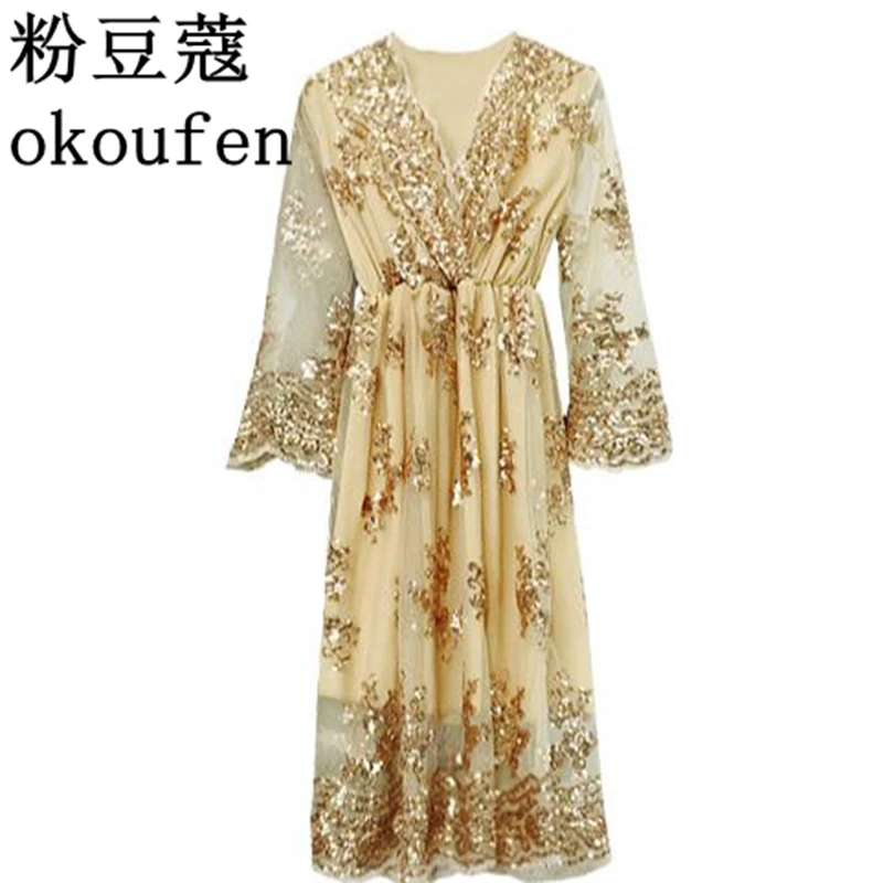 

European station spring and summer new aristocratic temperament V neck embroidery sequins high waist Slim net yarn lace dress wo