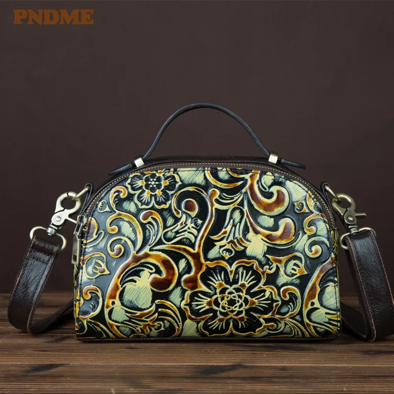 

PNDME vintage handmade embossed genuine leather ladies handbag fashion designer high quality women's shoulder crossbody bags