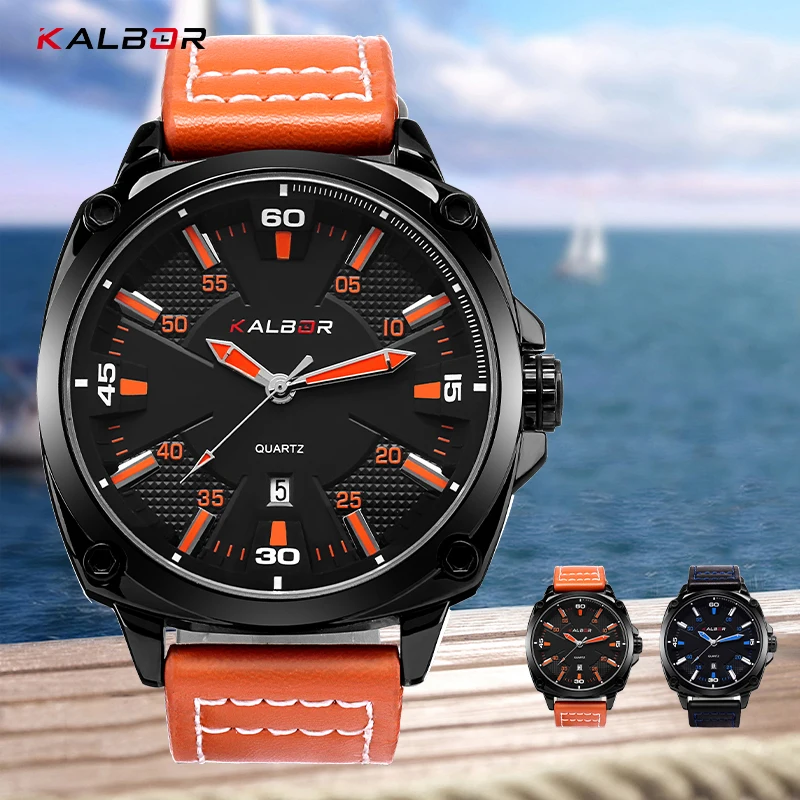 

KALBOR Top Brand 2019 Luxury Men Watch Analog sport PU Leather Male Quartz Watch Retro Wrist watch Clock Date Men Watch Business