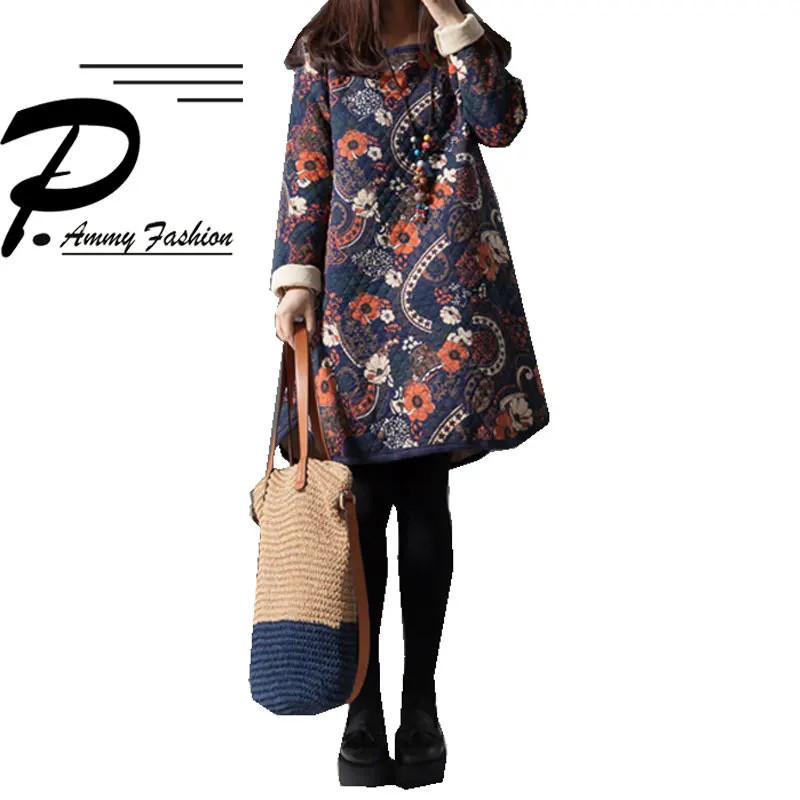 

Women's Padded Cotton Oversized Floral Print Jumper Shirt Dress Ladies Winter Retro Thicken Cotton Long Sleeve Loose pullover