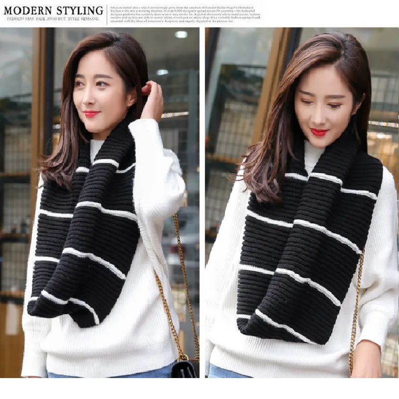 VISROVER Free Shipping Kniited Scarf Lic Winter Women Round Scarfs Infinity Snood Ladies Stripe Ring Loop Scarf  Unisex Circle  (6)