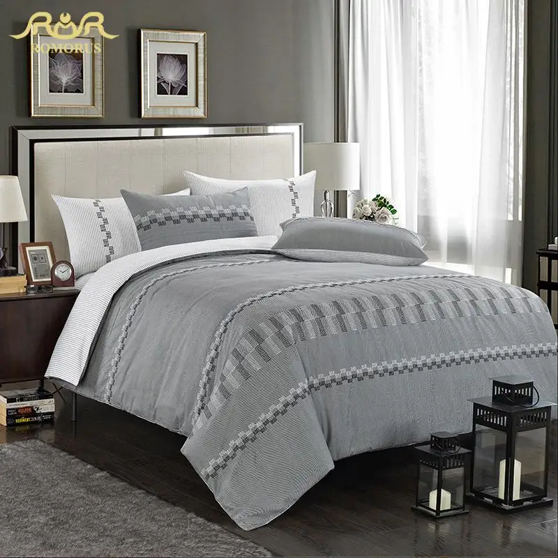 Romorus kurze grau baumwollsatin hotel bett gesetzt luxus quilt Covers Bett Bettwäsche Queen Size Solide Haushalt Bettbezug-set großhandel