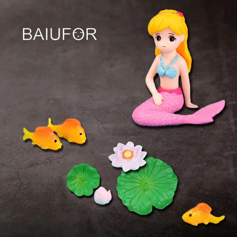 

BAIUFOR Animal Miniatures Fish Shark Goldfish Mermaid Lotus leaf Octopus Starfish Terrarium Figurines DIY Fairy Garden Decor